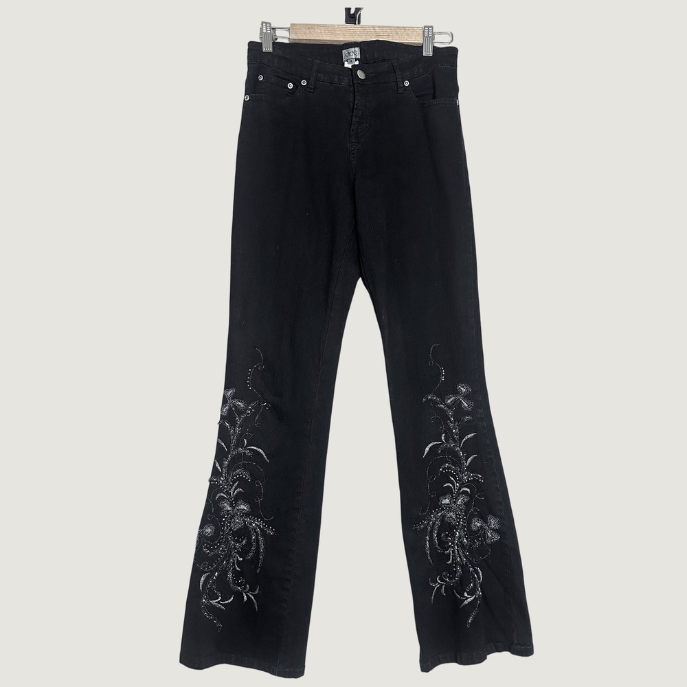Cache Y2K Embroidered Black Flare Jeans Women 6 Vintage Beaded Whimsigoth Glam